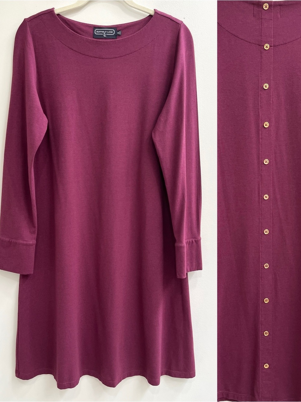 Duffield Lane maroon long sleeve shift dress gold button details medium